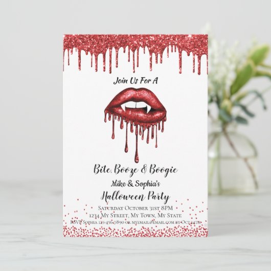 Vampirrote Glitzer Lippen Halloween-Party weiß Einladung (Stehend Vorderseite)