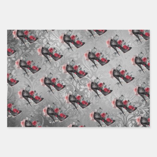 Vampy Spiked Stiletto | Rote Rose High Heel Grunge Geschenkpapier Set (Vorderseite 3)