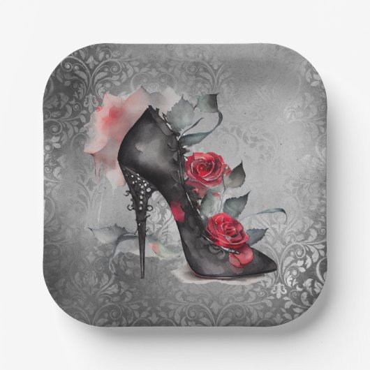 Vampy Spiked Stiletto | Rote Rose High Heel Grunge Pappteller (Vorderseite)