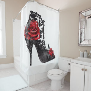 Vampy Vogue   Stiletto Lace Bootie und Rote Rosen Duschvorhang
