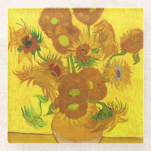 Van Gogh 15 Sonnenblumen in einer Vase der Kunst Glasuntersetzer (Vorderseite)