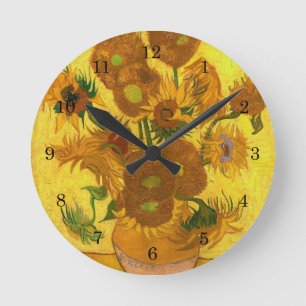 Van Gogh 15 Sonnenblumen in einer Vase der Kunst Runde Wanduhr