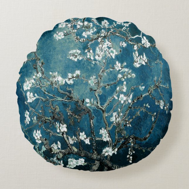 Van Gogh Almond Blossoms Dark Aquamarin Rundes Kissen (Vorderseite)