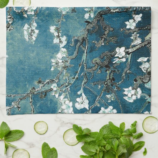 Van Gogh Almond Blossoms: Dunkel Aquamarin Geschirrtuch (Gefaltet)
