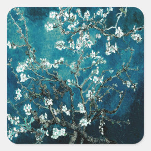 Van Gogh Almond Blossoms: Dunkel Aquamarin Quadratischer Aufkleber