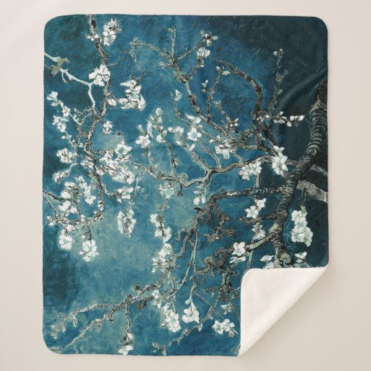 Van Gogh Almond Blossoms: Dunkel Aquamarin Sherpadecke (Vorderseite)