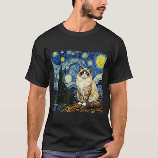 Van Gogh Art Starry Night - Funny Ragdoll Cat Arti T-Shirt (Vorderseite)