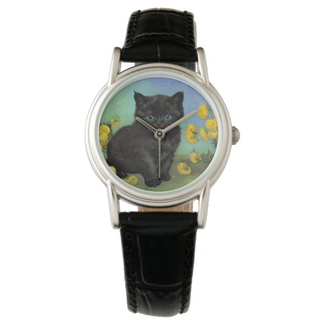 Van Gogh Black Cat Gelbe Blumen Armbanduhr (Vorderseite)