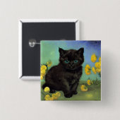 Van Gogh Black Cat Gelbe Blumen Button (Vorne & Hinten)