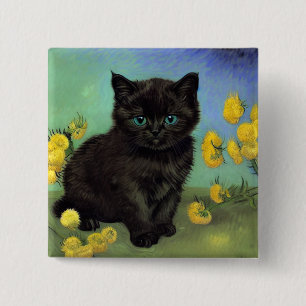 Van Gogh Black Cat Gelbe Blumen Button