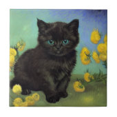Van Gogh Black Cat Gelbe Blumen Fliese (Vorderseite)