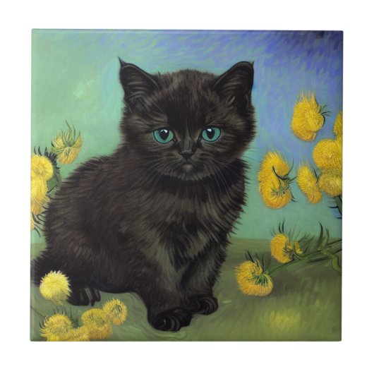 Van Gogh Black Cat Gelbe Blumen Fliese (Vorderseite)