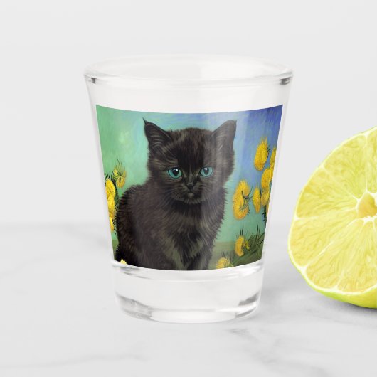 Van Gogh Black Cat Gelbe Blumen Schnapsglas (Vorderseite)