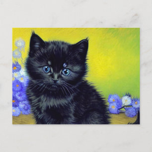 Van Gogh Black Cat Purple Flowers Feiertagspostkarte