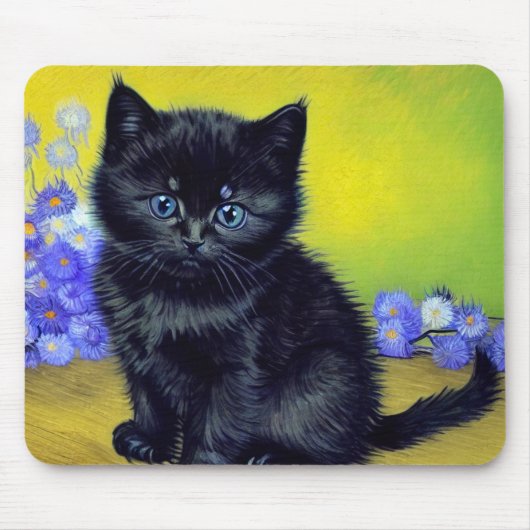 Van Gogh Black Cat Purple Flowers Mousepad (Vorne)