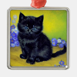 Van Gogh Black Cat Purple Flowers Ornament Aus Metall