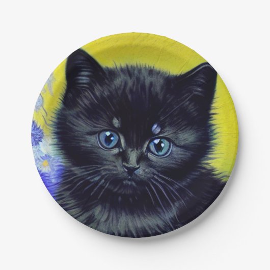 Van Gogh Black Cat Purple Flowers Pappteller (Vorderseite)