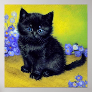 Van Gogh Black Cat Purple Flowers Poster