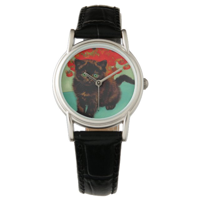Van Gogh Black Cat Red Blume Armbanduhr (Vorderseite)