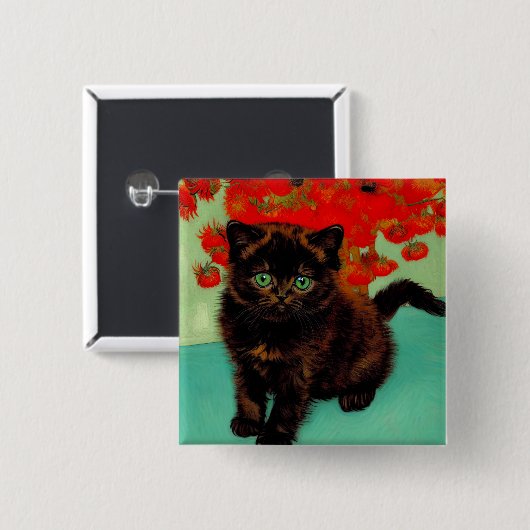Van Gogh Black Cat Red Blume Button (Vorne & Hinten)