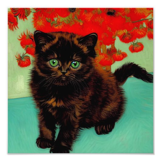 Van Gogh Black Cat Red Blume Fotodruck (Vorne)