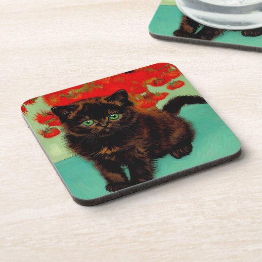 Van Gogh Black Cat Red Blume Getränkeuntersetzer (Linke Seite)