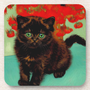 Van Gogh Black Cat Red Blume Getränkeuntersetzer