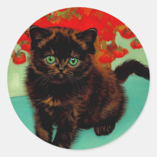 Van Gogh Black Cat Red Blume Runder Aufkleber