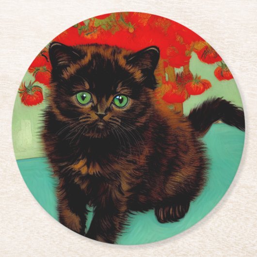 Van Gogh Black Cat Red Blume Runder Pappuntersetzer (Vorderseite)