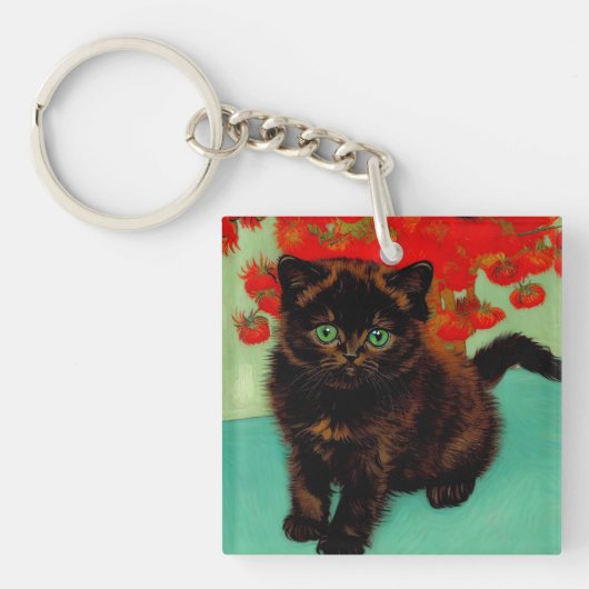 Van Gogh Black Cat Red Blume Schlüsselanhänger (Vorderseite)