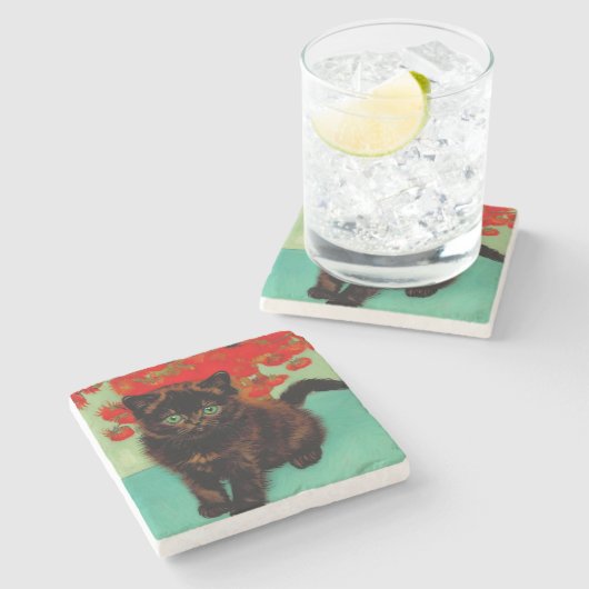 Van Gogh Black Cat Red Blume Steinuntersetzer (Seitenansicht)