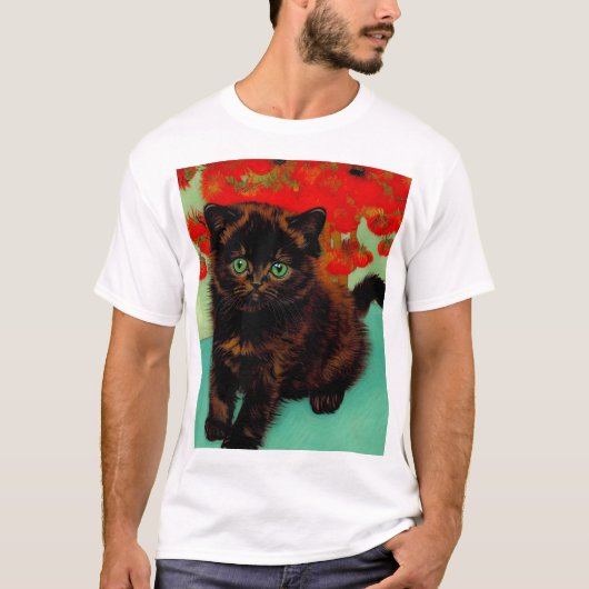 Van Gogh Black Cat Red Blume T-Shirt (Vorderseite)