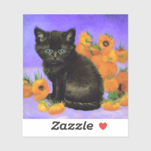Van Gogh Black Kitten mit Sonnenblumen Aufkleber