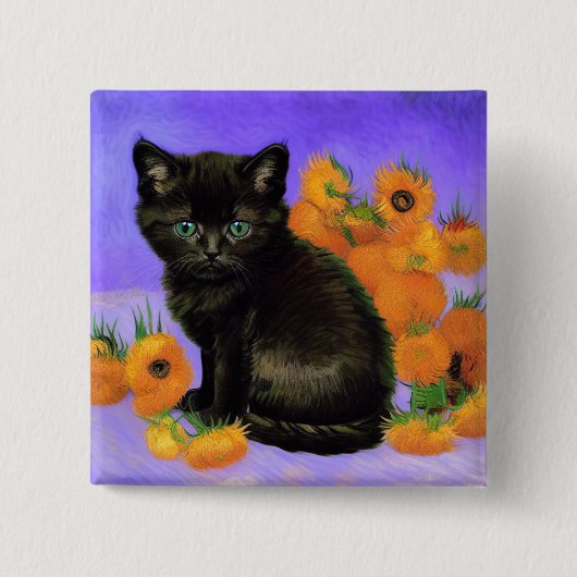 Van Gogh Black Kitten mit Sonnenblumen Button (Vorderseite)
