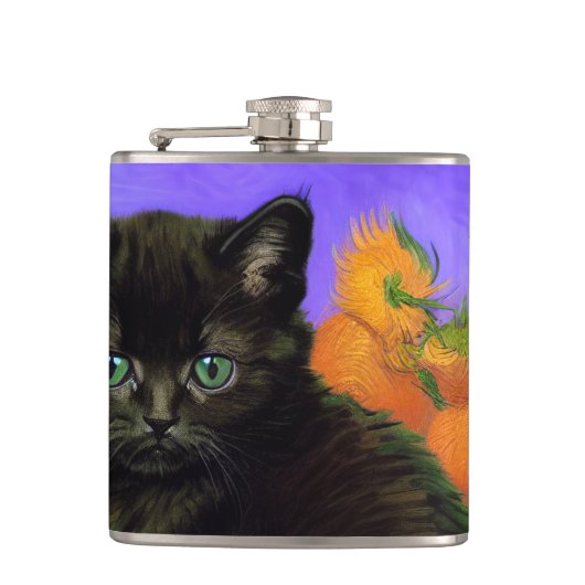Van Gogh Black Kitten mit Sonnenblumen Flachmann (Vorderseite)