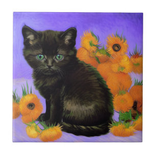 Van Gogh Black Kitten mit Sonnenblumen Fliese