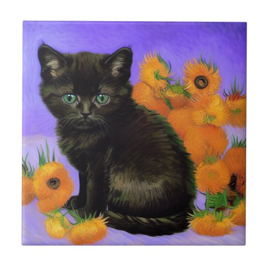 Van Gogh Black Kitten mit Sonnenblumen Fliese (Vorderseite)