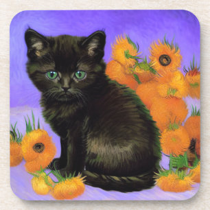 Van Gogh Black Kitten mit Sonnenblumen Getränkeuntersetzer