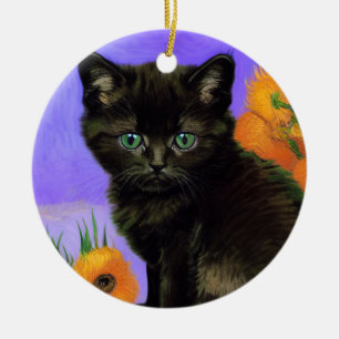 Van Gogh Black Kitten mit Sonnenblumen Keramik Ornament