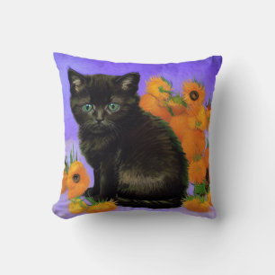 Van Gogh Black Kitten mit Sonnenblumen Kissen