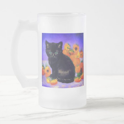 Van Gogh Black Kitten mit Sonnenblumen Mattglas Bierglas (Links)