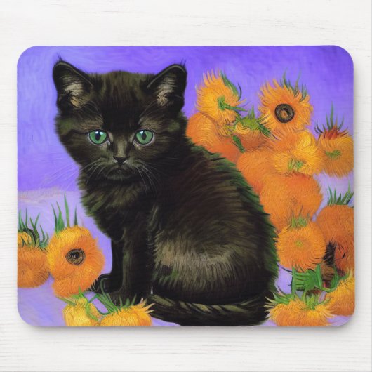 Van Gogh Black Kitten mit Sonnenblumen Mousepad (Vorne)