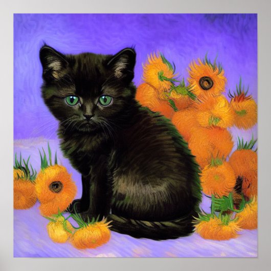 Van Gogh Black Kitten mit Sonnenblumen Poster (Vorne)