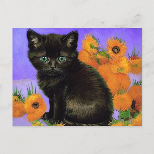 Van Gogh Black Kitten mit Sonnenblumen Postkarte (Vorderseite)