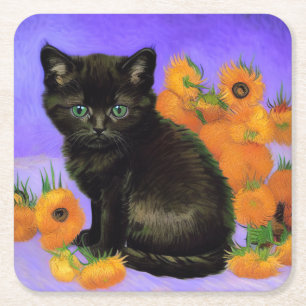 Van Gogh Black Kitten mit Sonnenblumen Rechteckiger Pappuntersetzer