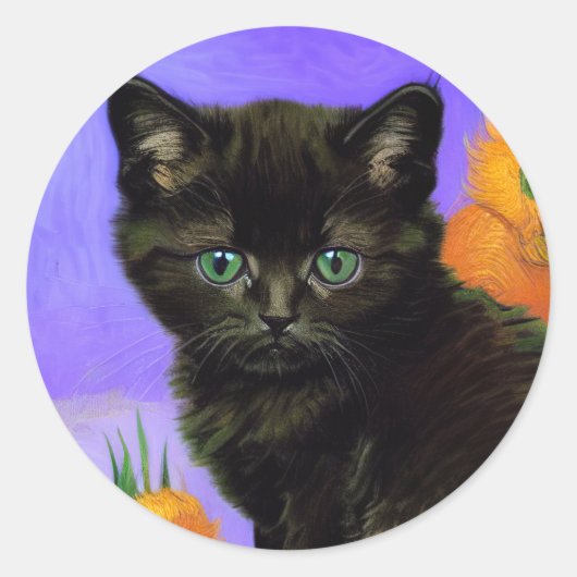 Van Gogh Black Kitten mit Sonnenblumen Runder Aufkleber (Vorderseite)