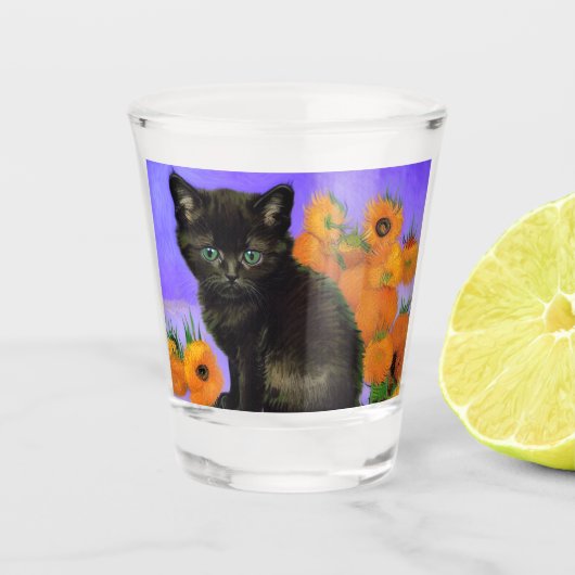 Van Gogh Black Kitten mit Sonnenblumen Schnapsglas (Vorderseite)