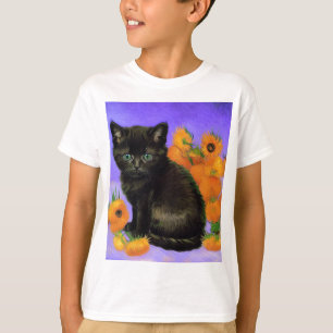 Van Gogh Black Kitten mit Sonnenblumen T-Shirt