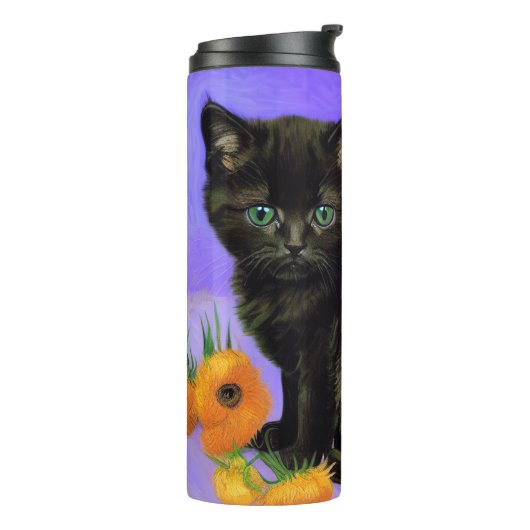 Van Gogh Black Kitten mit Sonnenblumen Thermosbecher (Nach links gedreht)