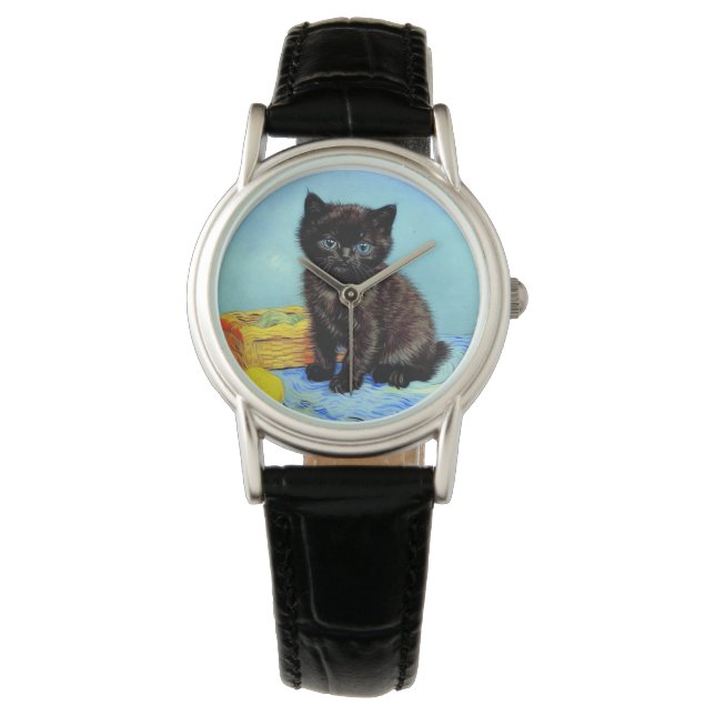 Van Gogh Black Kitten mit Yarn Armbanduhr (Vorderseite)